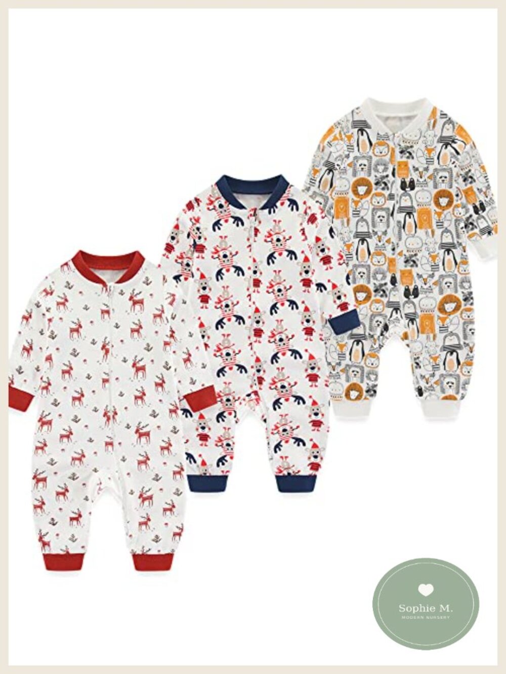 Newborn 2-Way Zipper Cotton Romper Jumpsuit 3-Pack